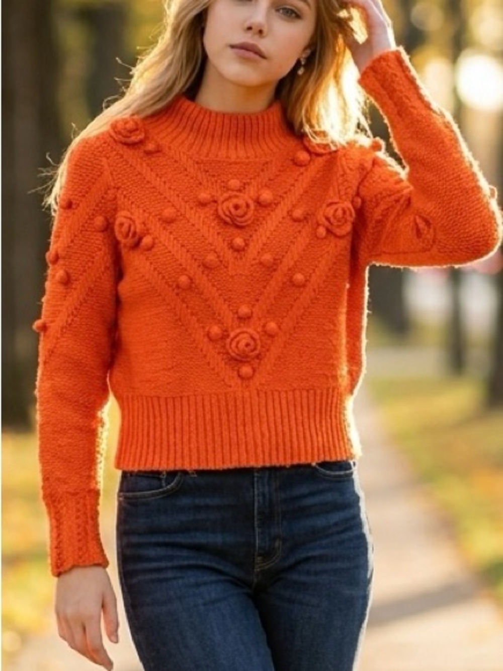 Strut & Bolt Women’s Sz S Mock Neck 3D Floral Applique/Pom-Pom Sweater Orange